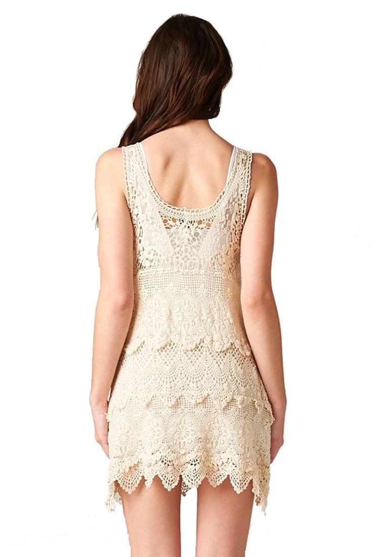 Textured Layered Sleeveless Scallop Crochet Lace Dress (Natural) Rompers- Niobe Clothing