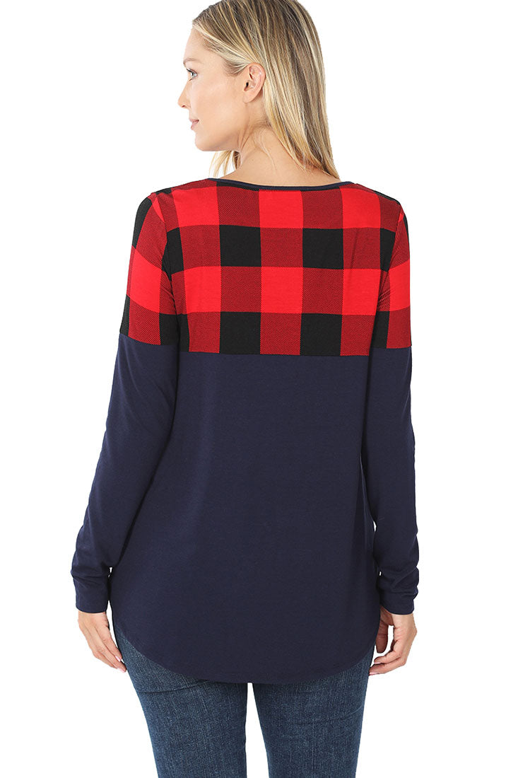 Zenana Plaid Colorblock Long Sleeve Shirt - Tunics sb_tops