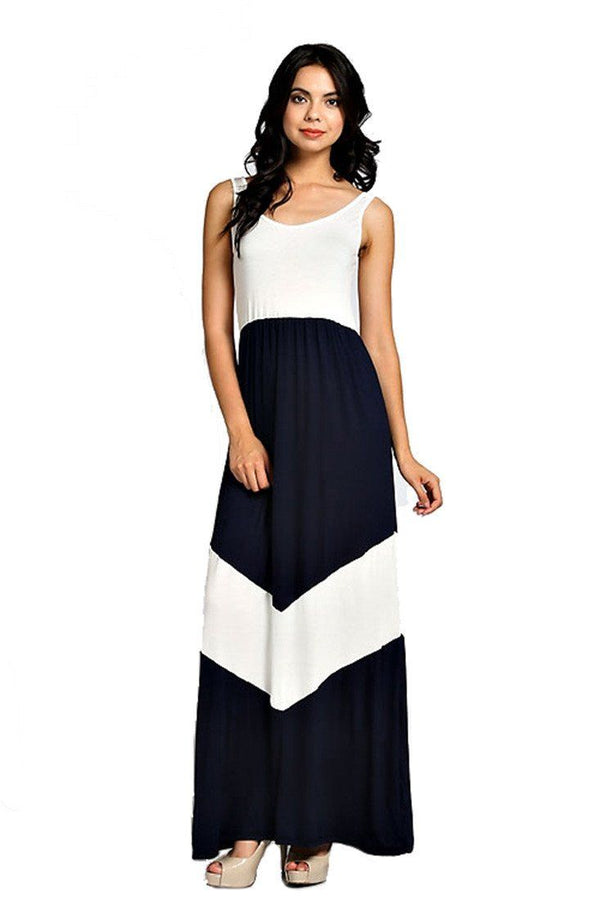 Chevron Print Accent Colorblock Scoop Back Knit Maxi Dress (Navy) dress- Niobe Clothing