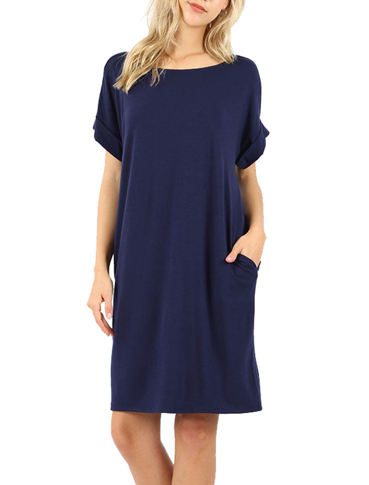 Zenana Rolled Short Sleeve Loose Tunic Shirt Dress - Tunics sb_dresses