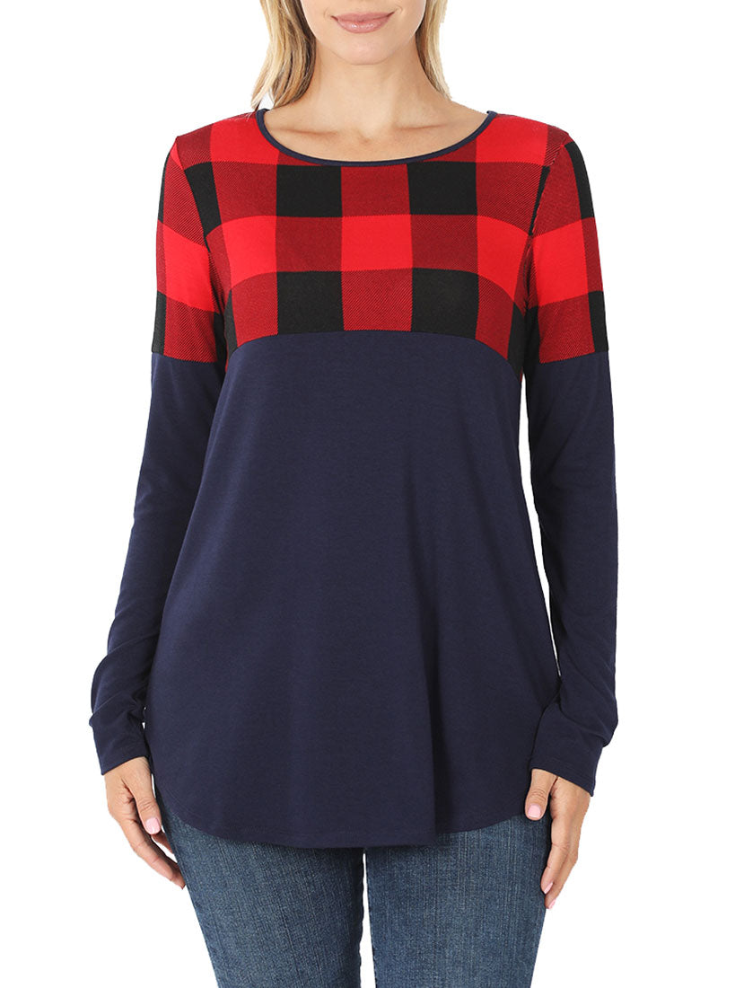 Zenana Plaid Colorblock Long Sleeve Shirt - Tunics sb_tops