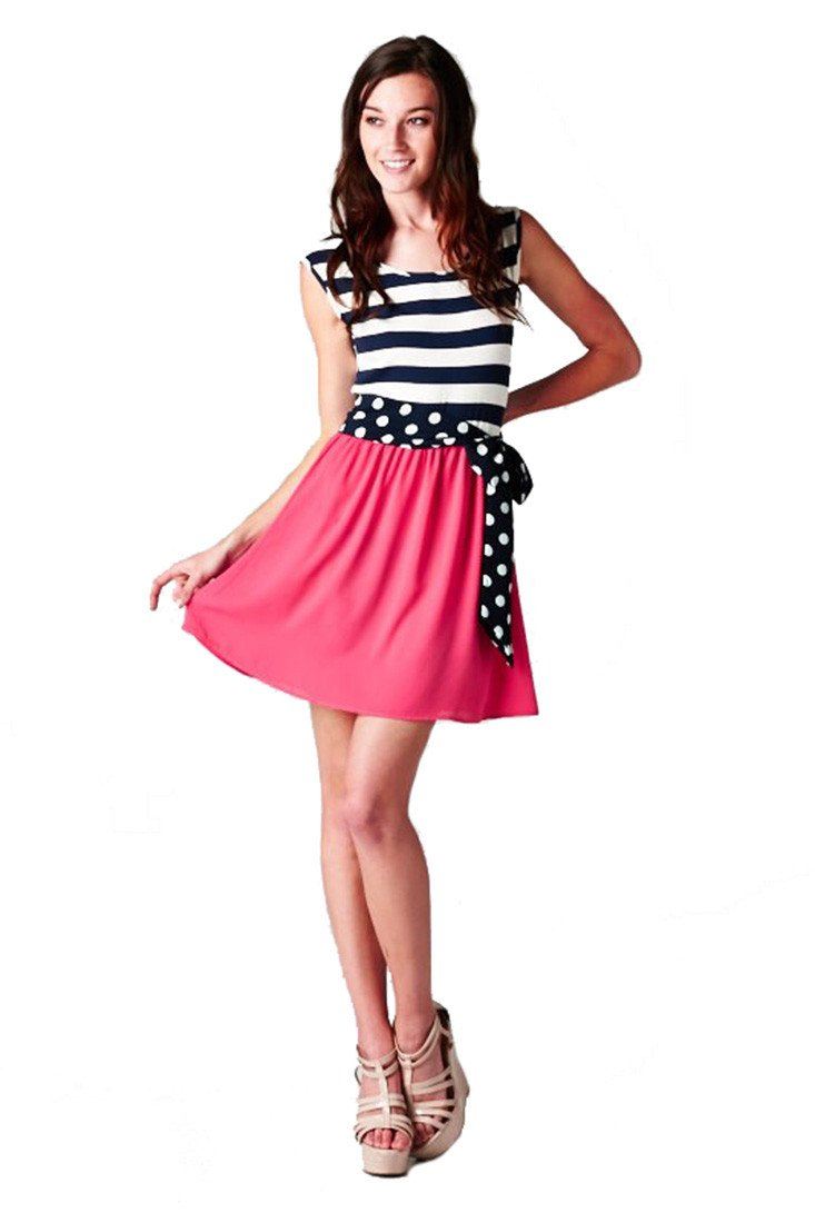 Niobe Clothing Navy Striped Solid Contrast Dress with Polka Dot Bow Belt (Navy/Fuchsia) - f_dresses