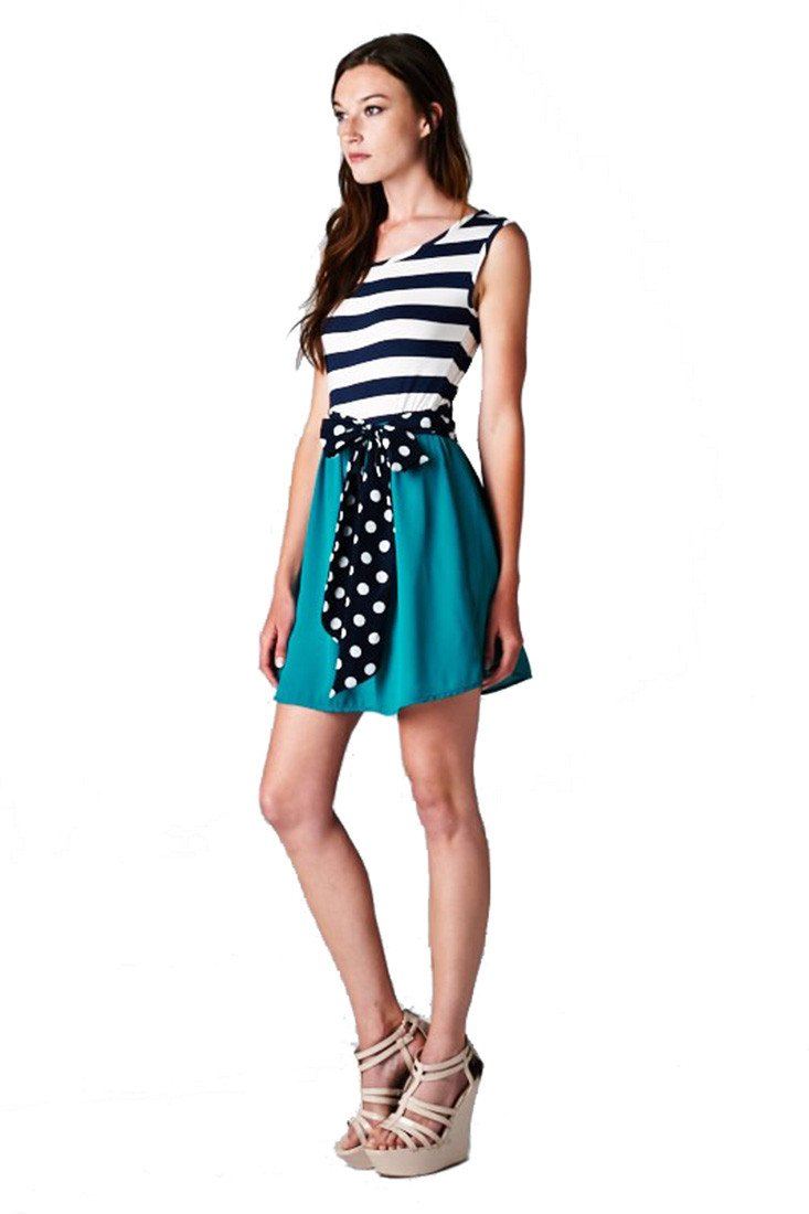 Niobe Clothing Navy Striped Solid Contrast Dress with Polka Dot Bow Belt (Navy/Jade) - f_dresses