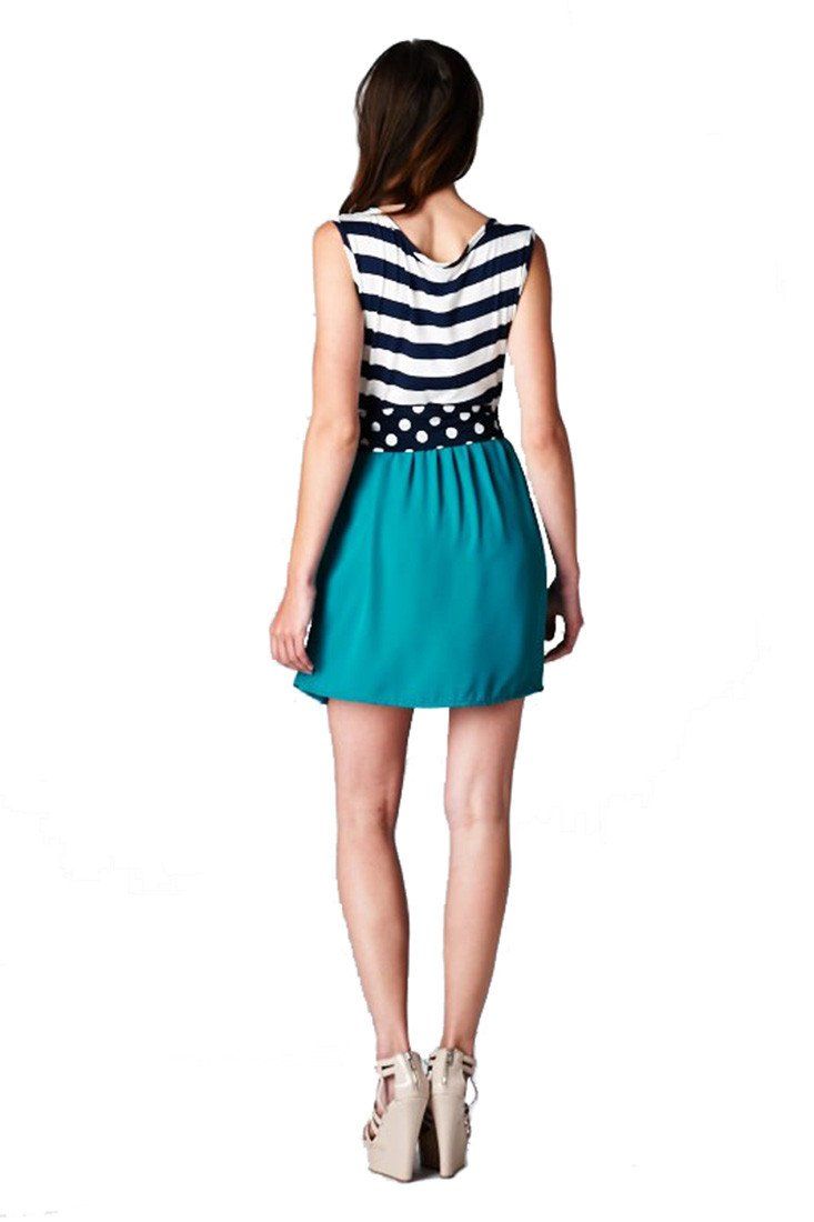 Niobe Clothing Navy Striped Solid Contrast Dress with Polka Dot Bow Belt (Navy/Jade) - f_dresses