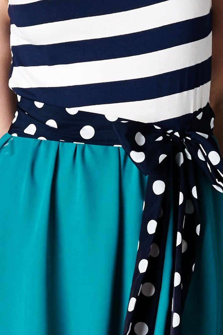 Niobe Clothing Navy Striped Solid Contrast Dress with Polka Dot Bow Belt (Navy/Jade) - f_dresses