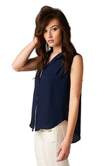 Sleeveless High Low Button Down Blouse (Navy) Tops- Niobe Clothing