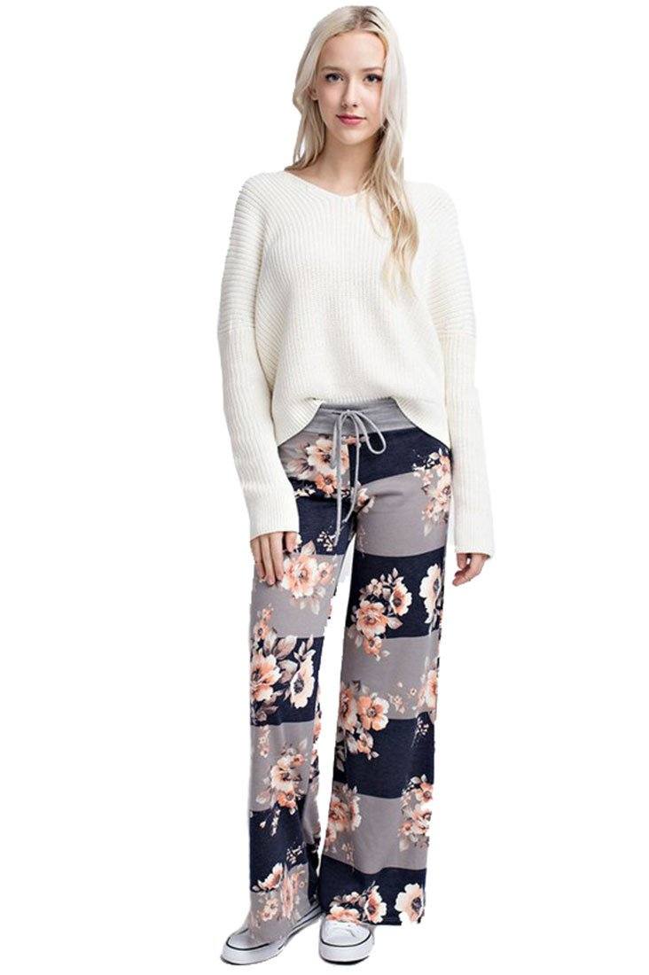 12Pm Mon Ami Striped Bloom Casual Lounge Pants in Navy - f_bottoms