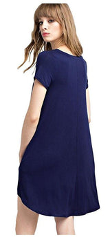 Mitto Shop Bamboo Fiber Knit Short Sleeve V-Neck T-shirt Dress (Navy) - dress