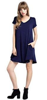 Mitto Shop Bamboo Fiber Knit Short Sleeve V-Neck T-shirt Dress (Navy) - dress