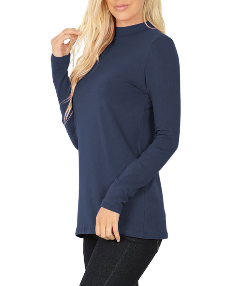 Zenana Cotton Long Sleeve Mock Neck - Shirts sb_tops