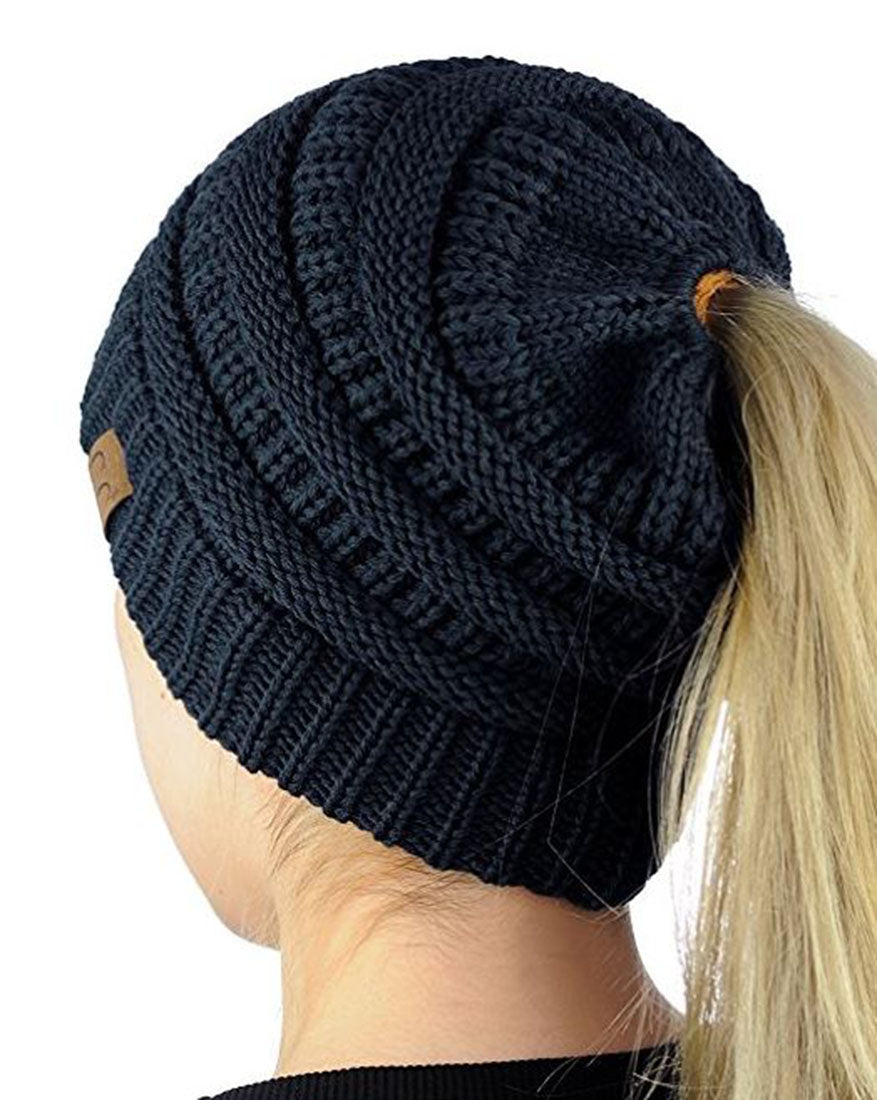 C.C. Solid Color Messy Bun Ponytail Beanie - Beanies Hats