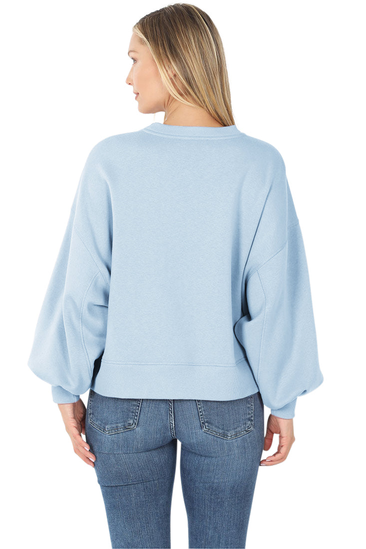 Zenana Balloon Sleeve Crew Neck Pullover Short Sweatshirt - Sweatshirts sb_outerwear