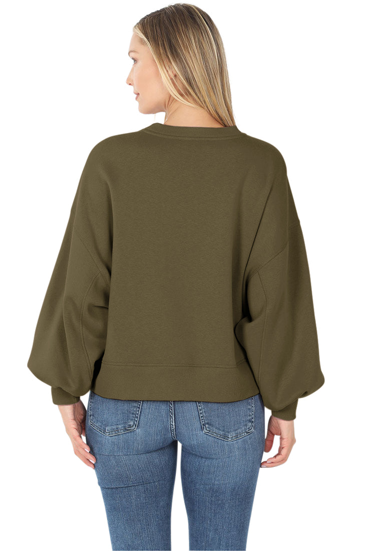 Zenana Balloon Sleeve Crew Neck Pullover Short Sweatshirt - Sweatshirts sb_outerwear
