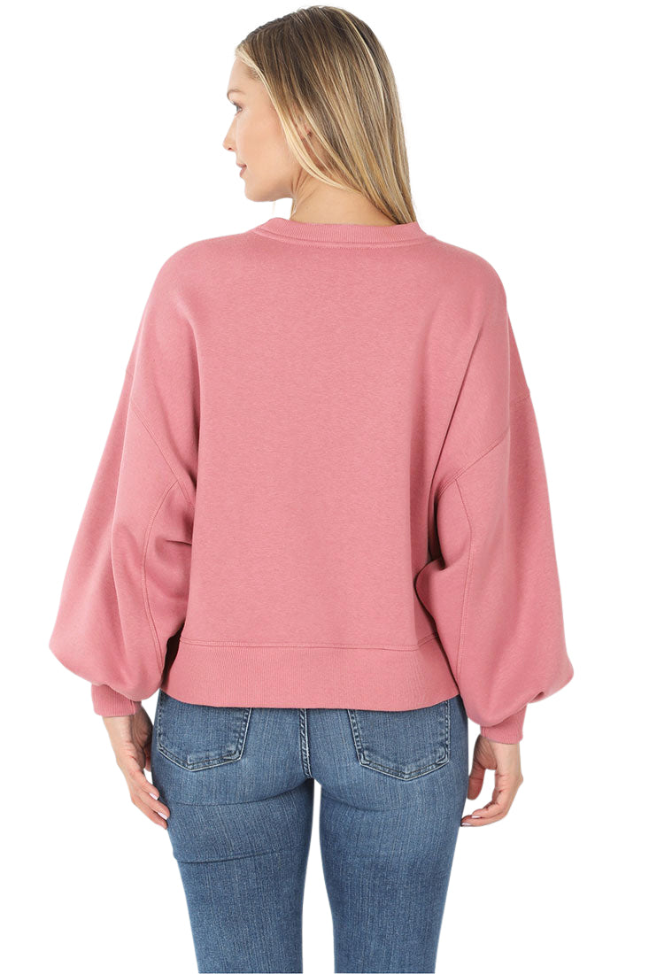 Zenana Balloon Sleeve Crew Neck Pullover Short Sweatshirt - Sweatshirts sb_outerwear