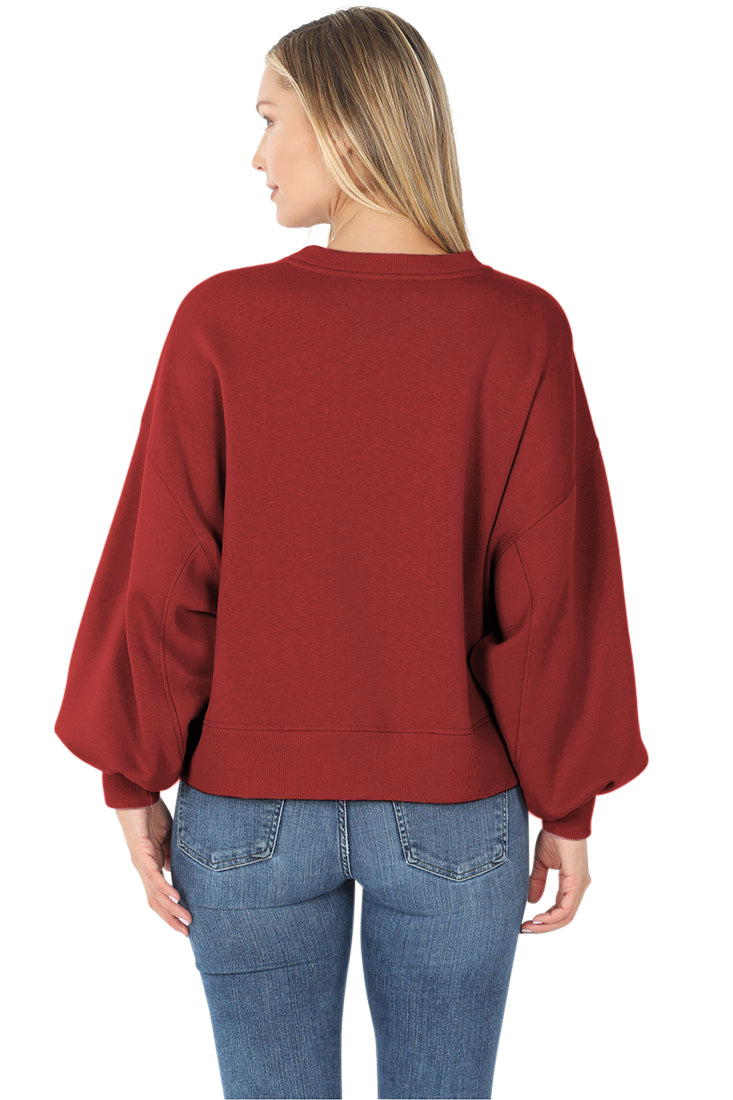 Zenana Balloon Sleeve Crew Neck Pullover Short Sweatshirt - Sweatshirts sb_outerwear