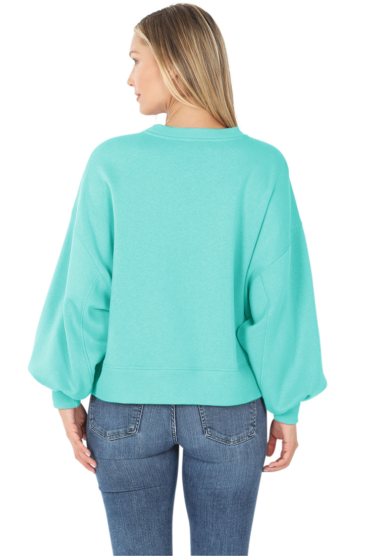 Zenana Balloon Sleeve Crew Neck Pullover Short Sweatshirt - Sweatshirts sb_outerwear