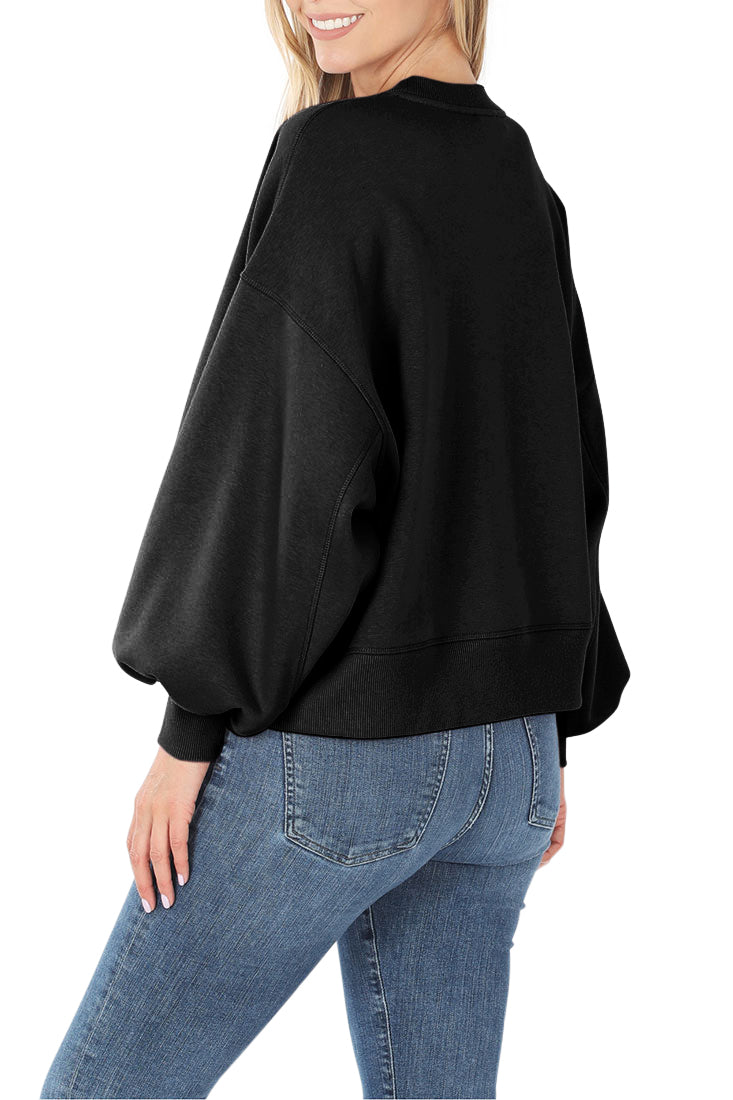 Zenana Balloon Sleeve Crew Neck Pullover Short Sweatshirt - Sweatshirts sb_outerwear