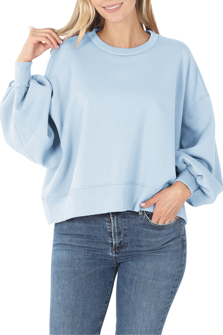 Zenana Balloon Sleeve Crew Neck Pullover Short Sweatshirt - Sweatshirts sb_outerwear