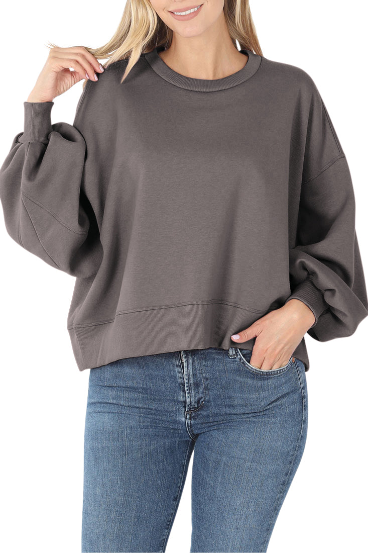 Zenana Balloon Sleeve Crew Neck Pullover Short Sweatshirt - Sweatshirts sb_outerwear