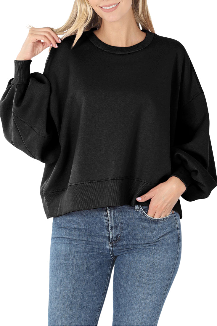 Zenana Balloon Sleeve Crew Neck Pullover Short Sweatshirt - Sweatshirts sb_outerwear