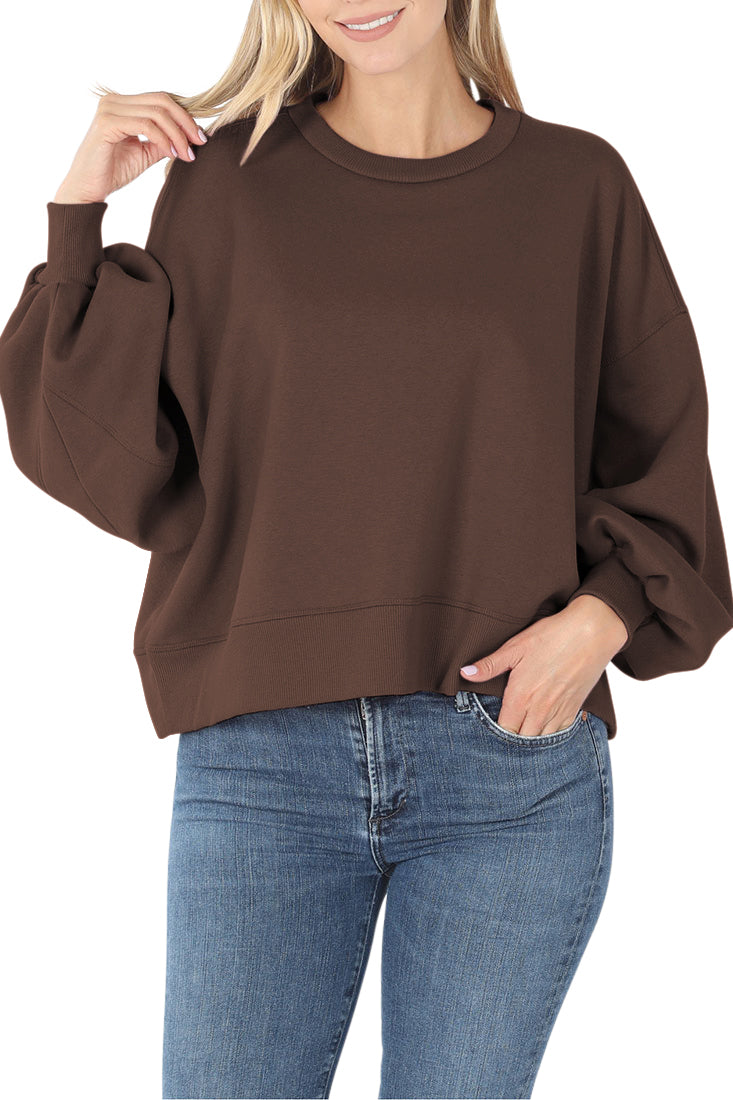 Zenana Balloon Sleeve Crew Neck Pullover Short Sweatshirt - Sweatshirts sb_outerwear