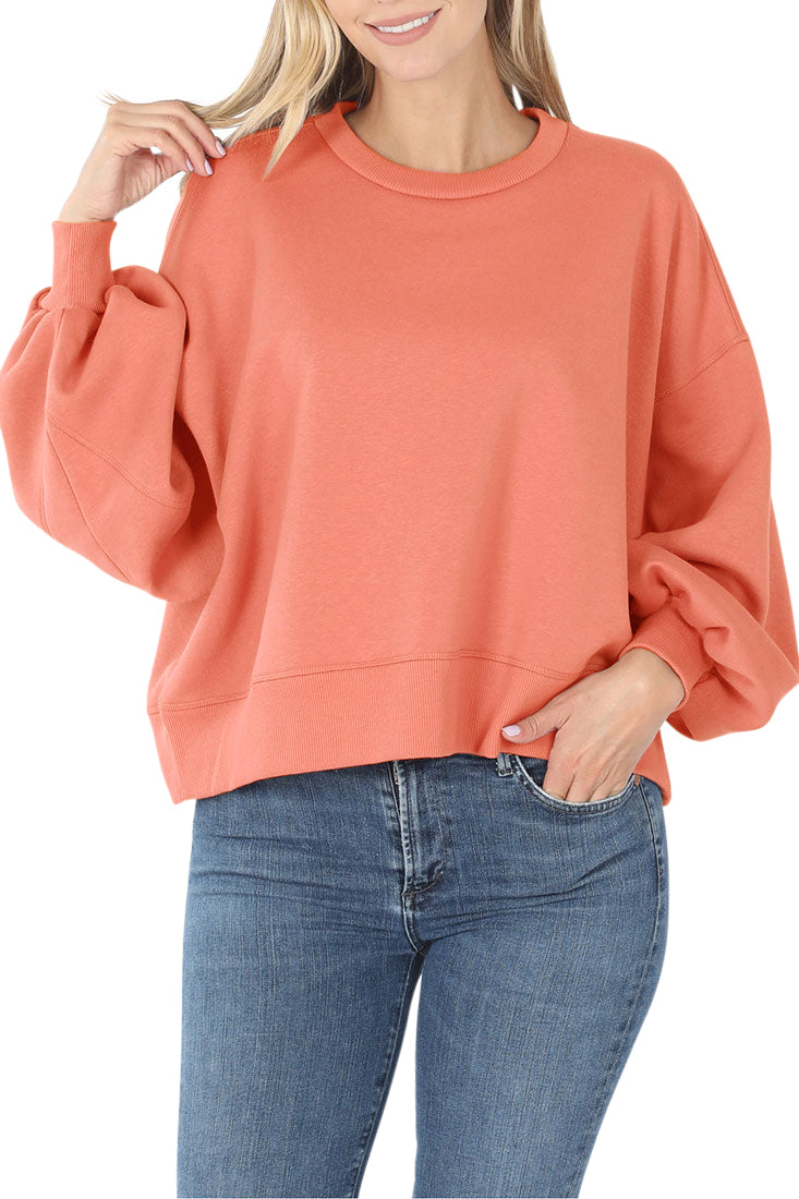 Zenana Balloon Sleeve Crew Neck Pullover Short Sweatshirt - Sweatshirts sb_outerwear