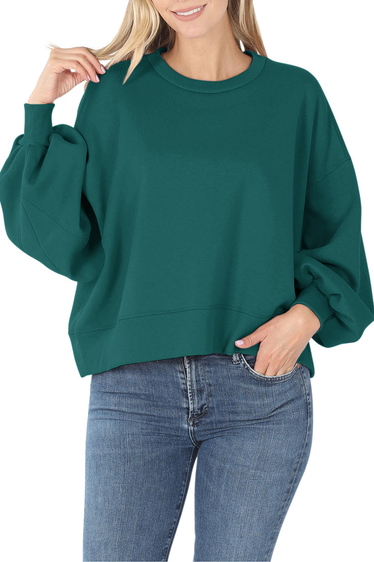 Zenana Balloon Sleeve Crew Neck Pullover Short Sweatshirt - Sweatshirts sb_outerwear