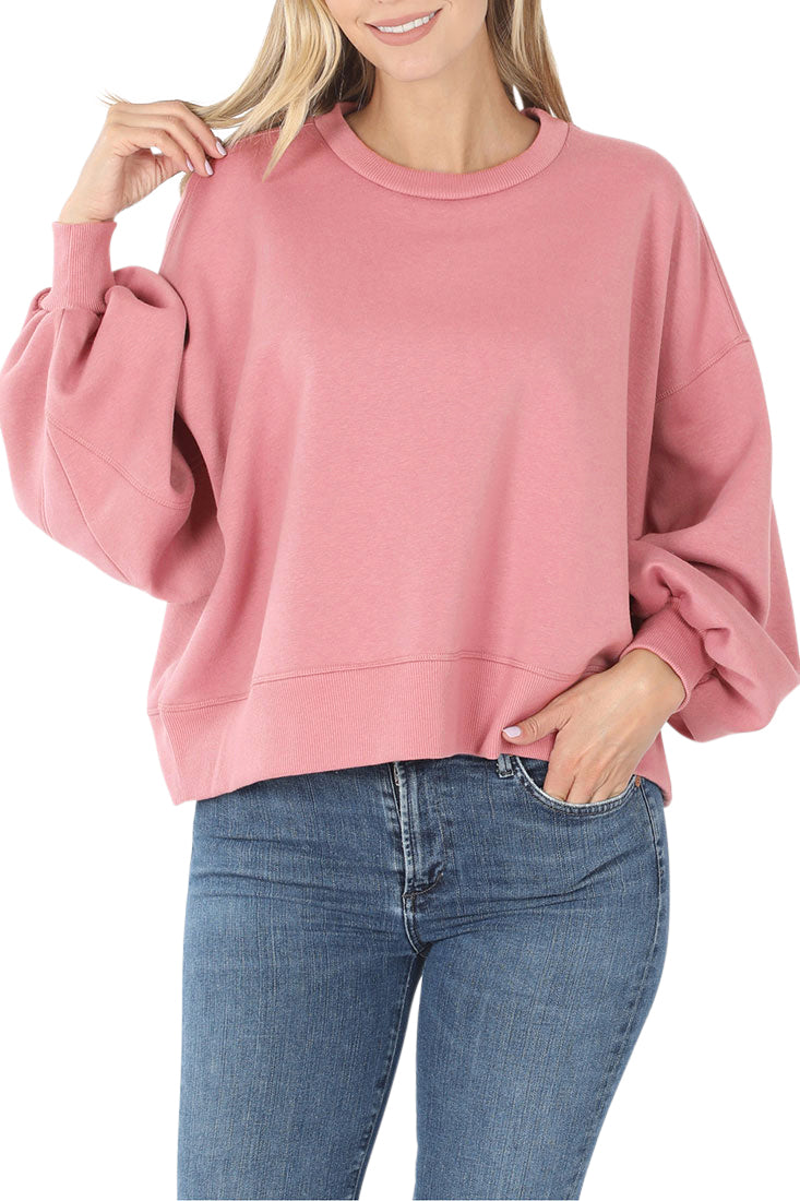 Zenana Balloon Sleeve Crew Neck Pullover Short Sweatshirt - Sweatshirts sb_outerwear