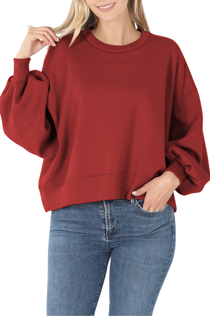 Zenana Balloon Sleeve Crew Neck Pullover Short Sweatshirt - Sweatshirts sb_outerwear