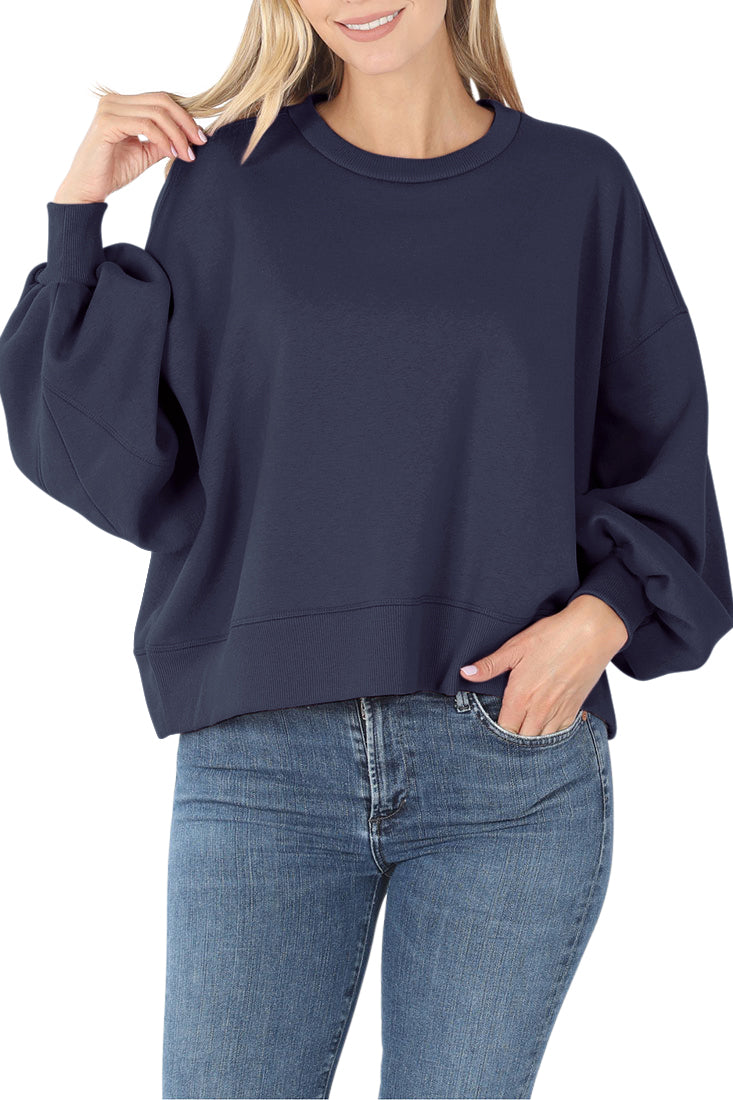 Zenana Balloon Sleeve Crew Neck Pullover Short Sweatshirt - Sweatshirts sb_outerwear