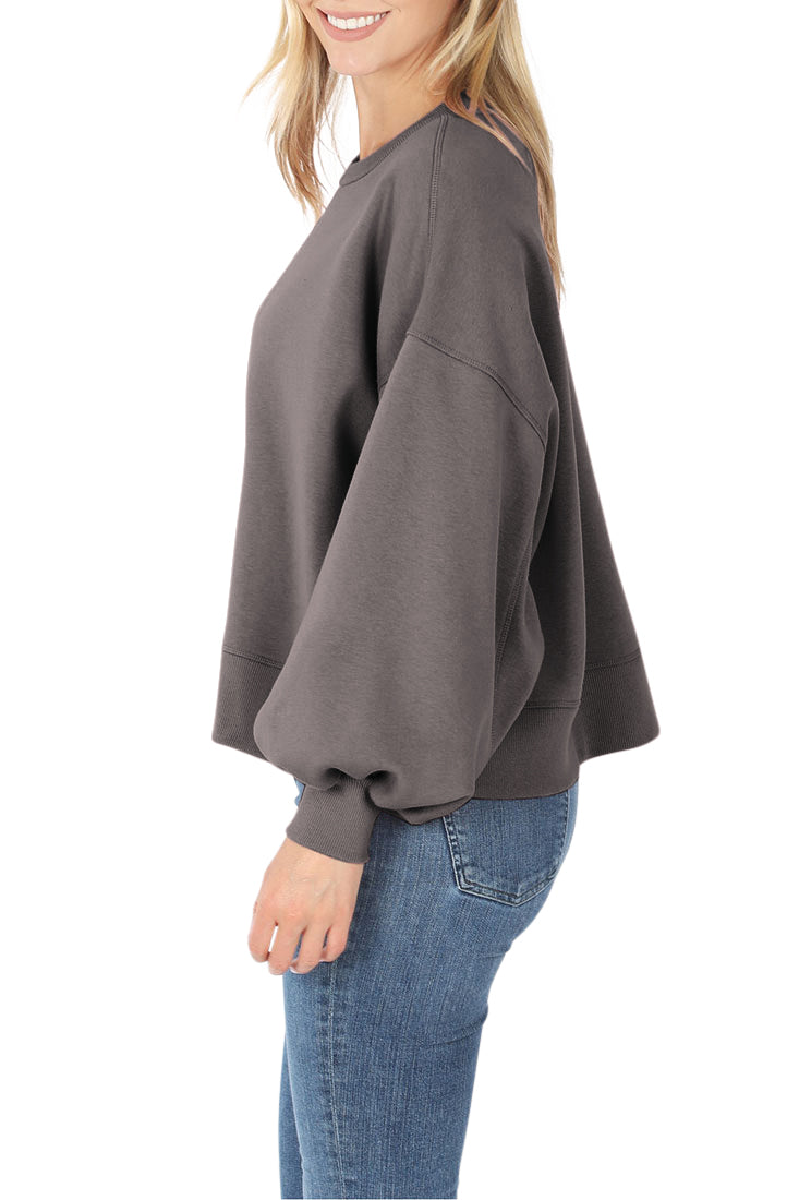 Zenana Balloon Sleeve Crew Neck Pullover Short Sweatshirt - Sweatshirts sb_outerwear
