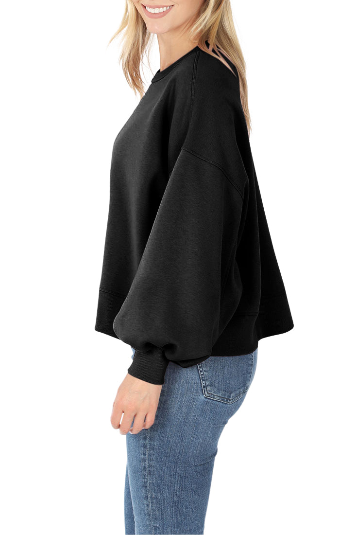 Zenana Balloon Sleeve Crew Neck Pullover Short Sweatshirt - Sweatshirts sb_outerwear