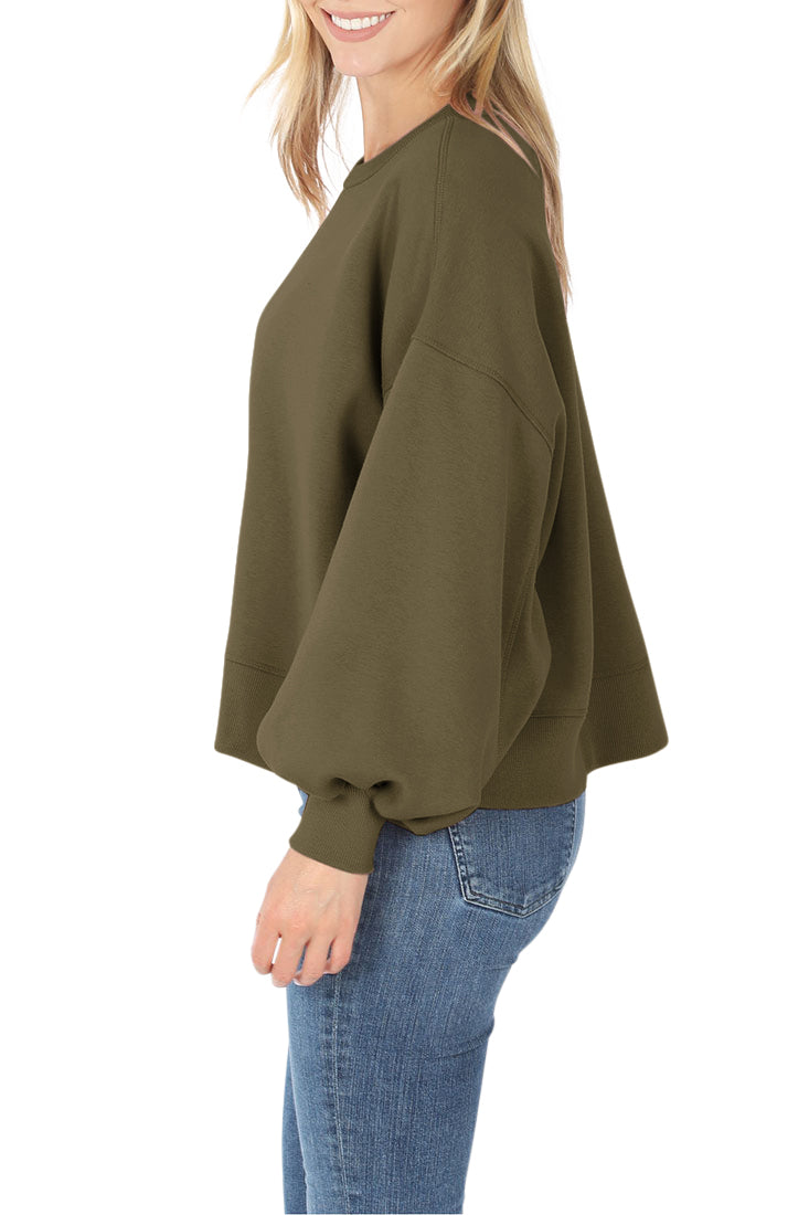 Zenana Balloon Sleeve Crew Neck Pullover Short Sweatshirt - Sweatshirts sb_outerwear
