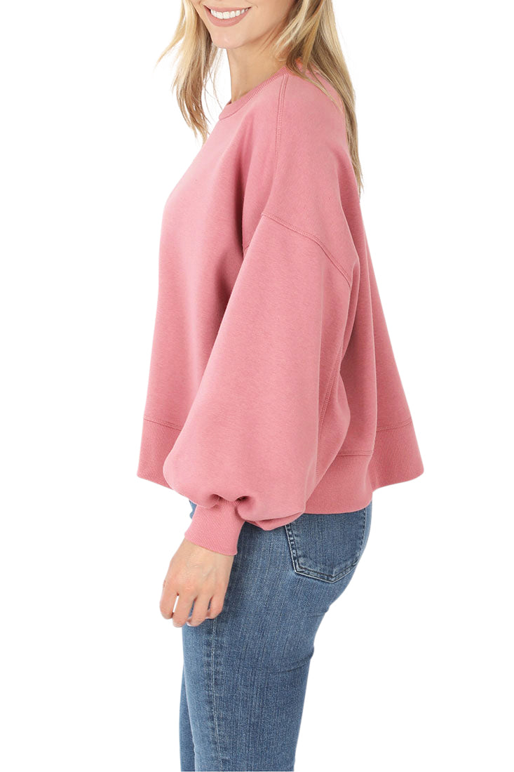 Zenana Balloon Sleeve Crew Neck Pullover Short Sweatshirt - Sweatshirts sb_outerwear