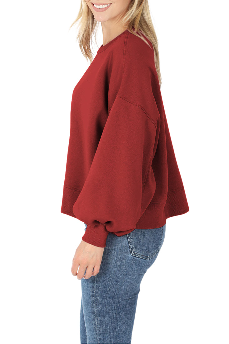 Zenana Balloon Sleeve Crew Neck Pullover Short Sweatshirt - Sweatshirts sb_outerwear
