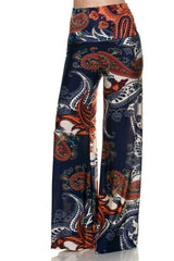 Niobe Clothing High Waist Fold Over Wide Leg Gaucho Palazzo Pants (Blue Paisley) - pants