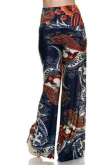 Niobe Clothing High Waist Fold Over Wide Leg Gaucho Palazzo Pants (Blue Paisley) - pants
