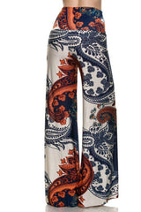 Niobe Clothing High Waist Fold Over Wide Leg Gaucho Palazzo Pants (Blue Paisley) - pants
