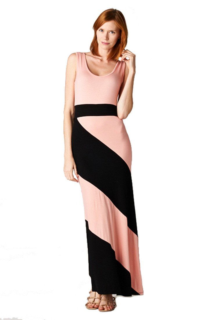 Niobe Clothing Panel Print Colorblock Knit Scoop Neck Jersey Maxi Dress (Peach) - f_dresses