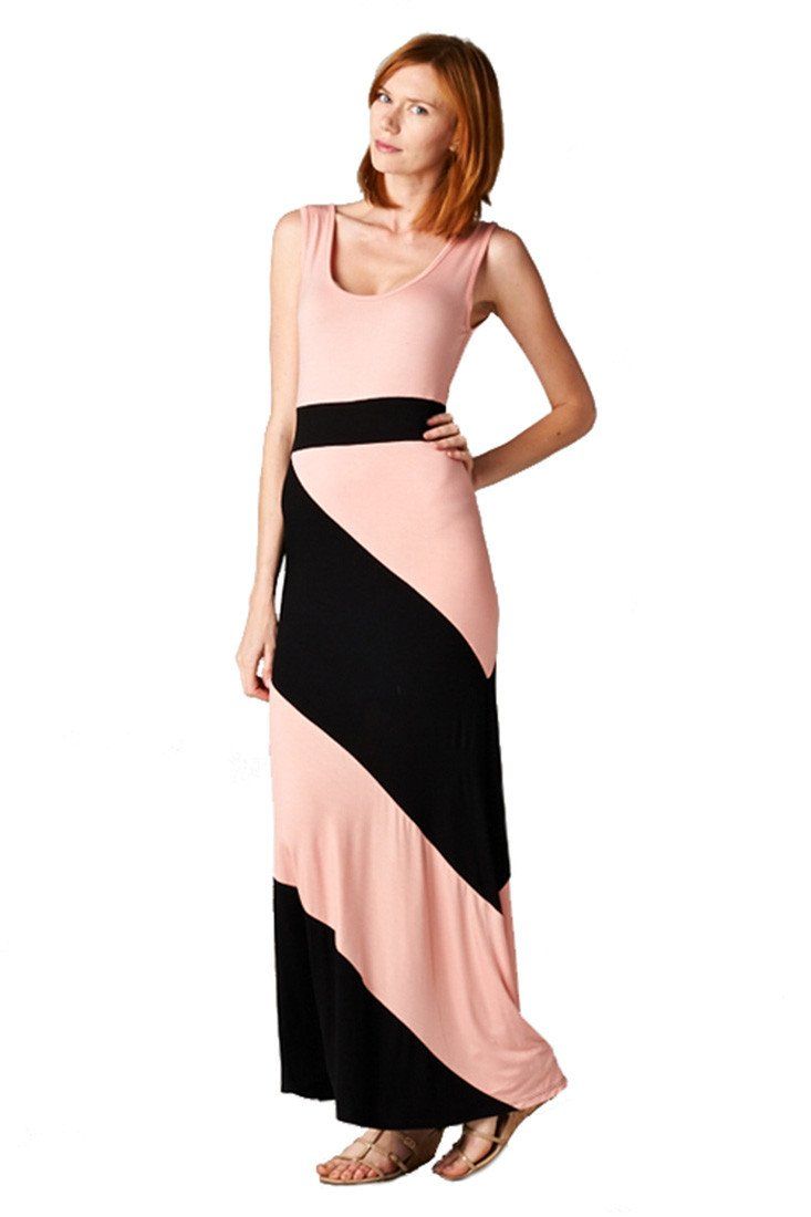 Niobe Clothing Panel Print Colorblock Knit Scoop Neck Jersey Maxi Dress (Peach) - f_dresses