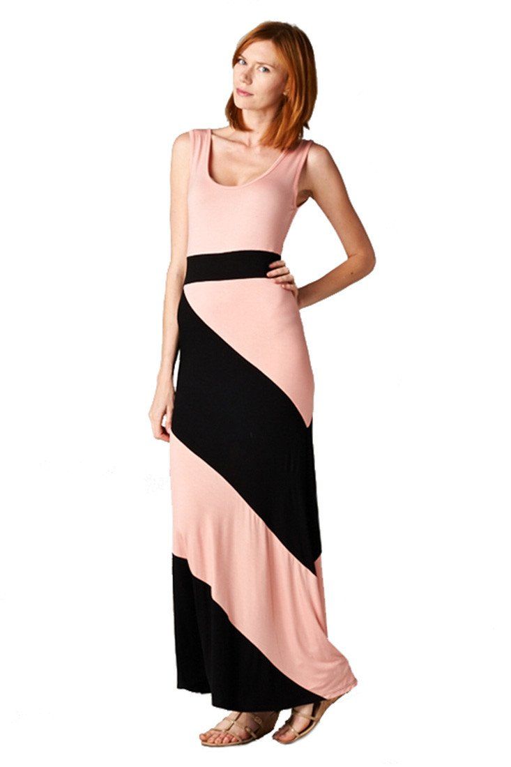 Panel Print Colorblock Knit Scoop Neck Jersey Maxi Dress (Peach) dress- Niobe Clothing
