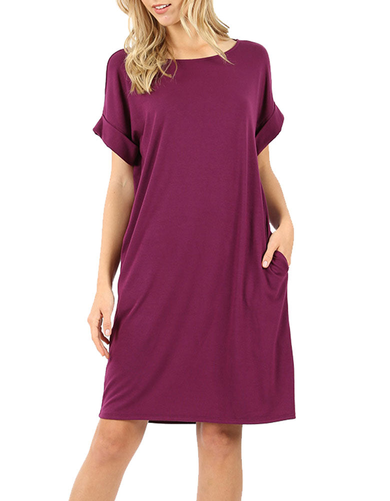 Zenana Rolled Short Sleeve Loose Tunic Shirt Dress - Tunics sb_dresses