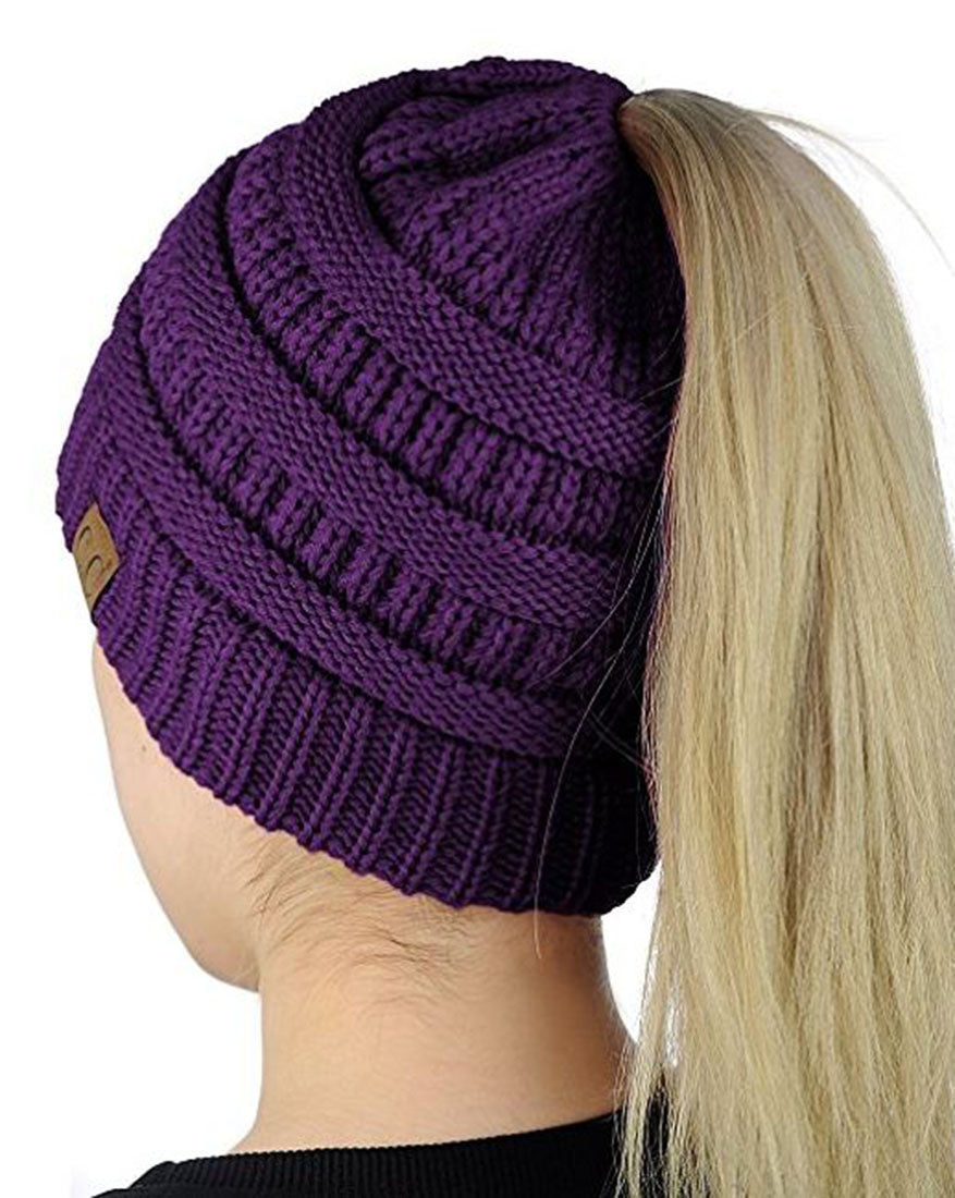 Solid Knit Messy Bun Ponytail Beanie