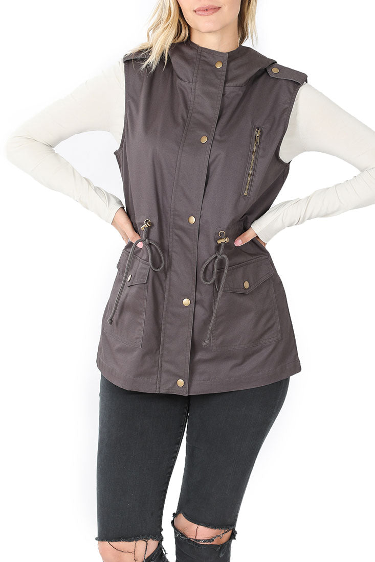 Zenana Sleeveless Utility Hoodie Military Vest - Vests sb_outerwear