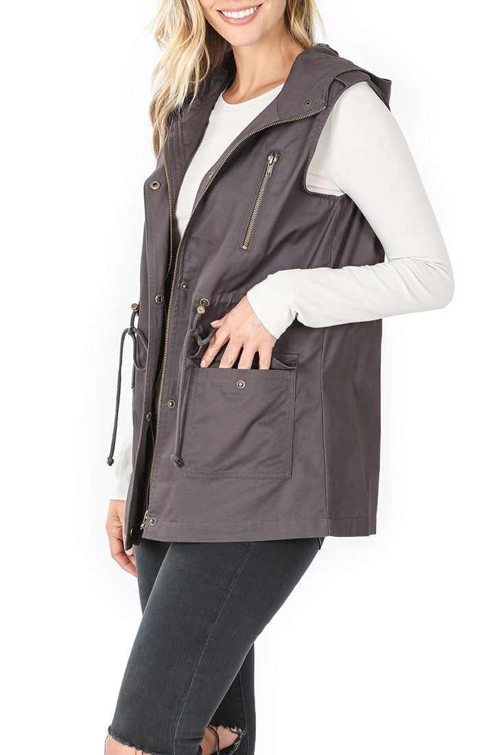 Zenana Sleeveless Utility Hoodie Military Vest - Vests sb_outerwear