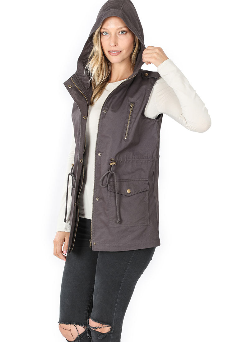 Zenana Sleeveless Utility Hoodie Military Vest - Vests sb_outerwear