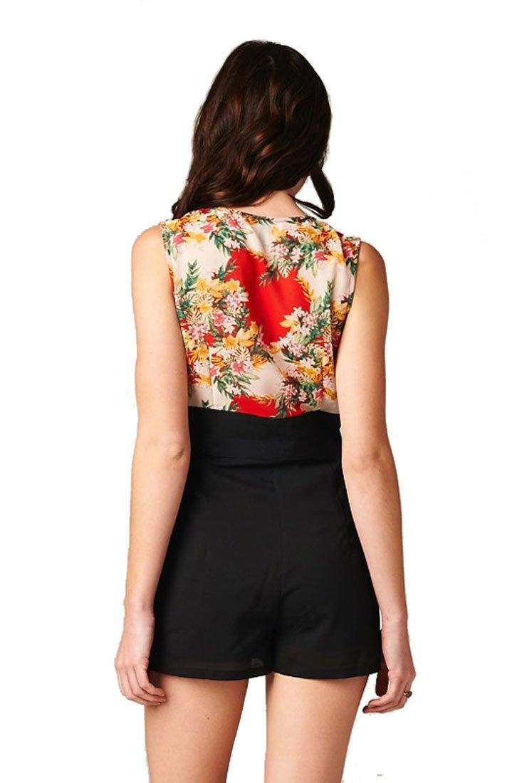 Niobe Clothing Flower Print Sleeveless Front Zipper Closure One Piece Romper Shorts (Red/Black) - f_dresses