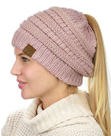 C.C. Metallic Messy Bun Ponytail Beanie - Hats