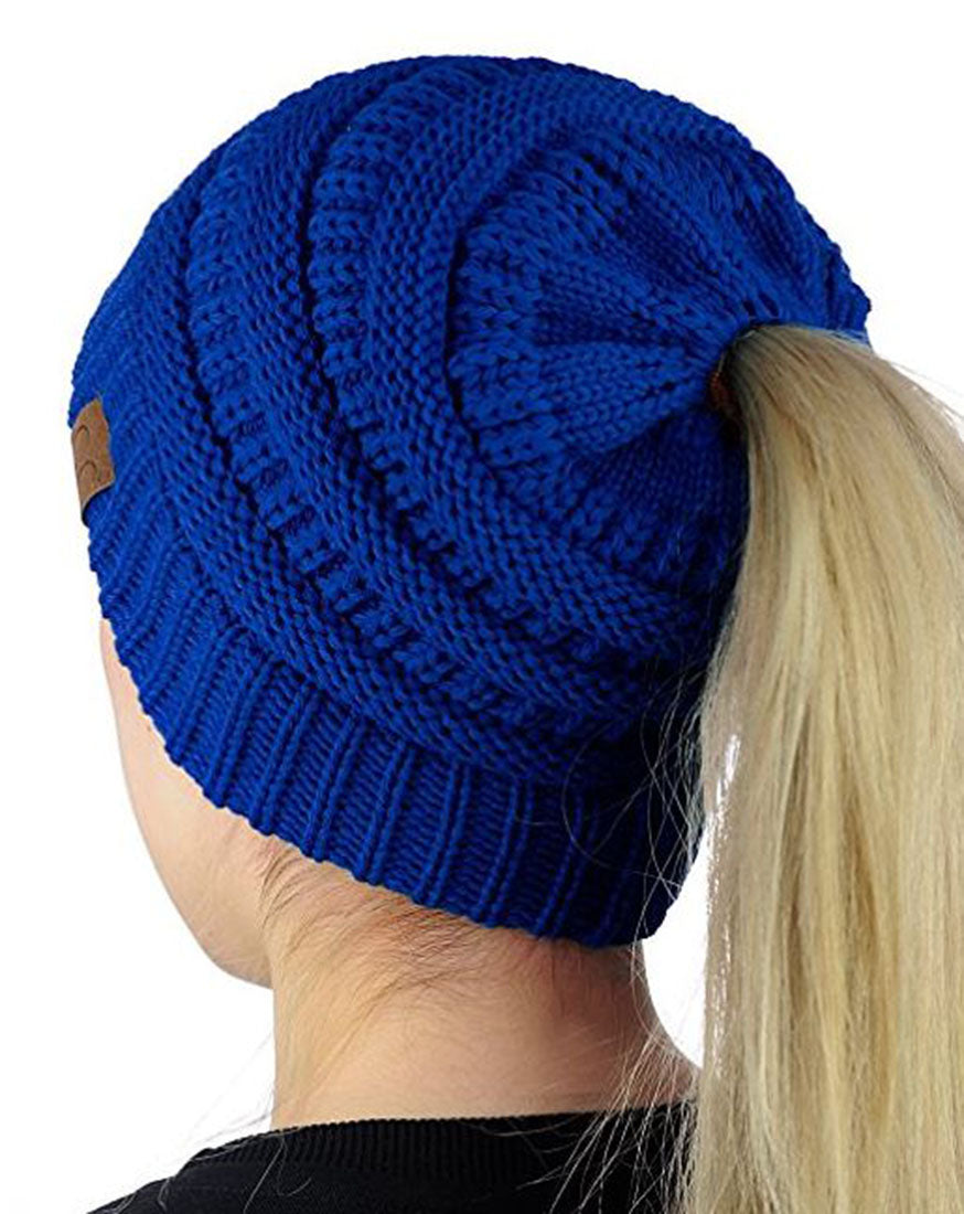 Solid Knit Messy Bun Ponytail Beanie