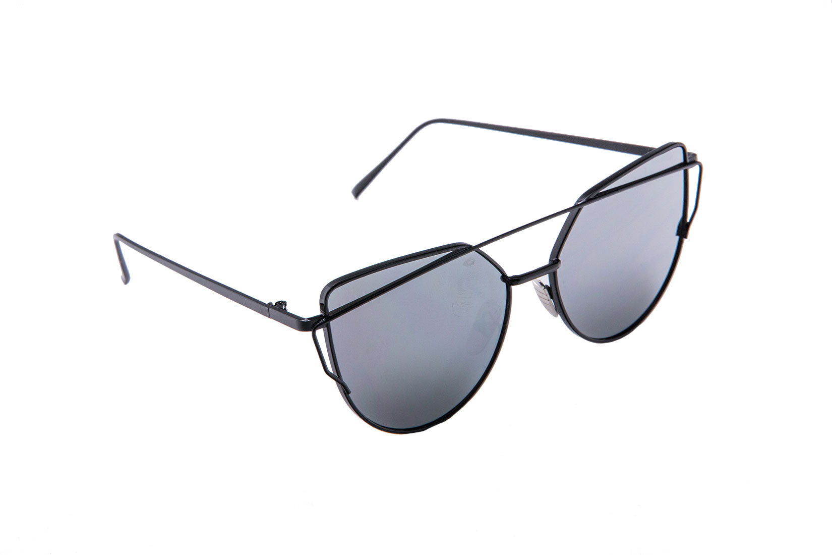 Niobe Clothing Mirrored "Samantha" Flat Lens Strikethrough Cat Eye Sunglasses in Black Frame - Sunglasses